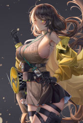 Rule 34 | 1girl, absurdres, arm up, bare shoulders, belt, black gloves, black hair, black skirt, breasts, brown sweater, charm (object), facing to the side, girls&#039; frontline, gloves, grey background, hand on own hip, heterochromia, highres, jacket, lanyard, large breasts, light particles, long hair, looking at viewer, megaphone, mod3 (girls&#039; frontline), mole, mole on breast, multicolored hair, name tag, off shoulder, open mouth, pouch, red eyes, ribbed sweater, ro635 (girls&#039; frontline), ro635 (mod3) (girls&#039; frontline), sideboob, simple background, skindentation, skirt, sleeveless, sleeveless sweater, solo, streaked hair, sweater, thigh pouch, thigh strap, thighs, twintails, utility belt, white hair, yellow eyes, yellow jacket, yf (hbyg)