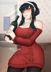 Rule 34 | 1girl, bare shoulders, black hair, black pantyhose, blush, bottle, breasts, cleavage, commentary, cowboy shot, dress, drunk, grin, hairband, highres, holding, holding bottle, indoors, kiwis corner, large breasts, long hair, long sleeves, looking at viewer, nose blush, off-shoulder dress, off-shoulder sweater, off shoulder, pantyhose, parted lips, red dress, red eyes, red sweater, short dress, smile, solo, spy x family, standing, sweater, sweater dress, white hairband, yor briar
