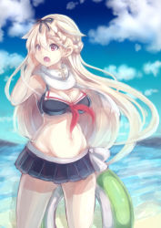 Rule 34 | 10s, 1girl, ascot, beach, belly, bikini, bikini skirt, blonde hair, blue sky, braid, breasts, cleavage, cloud, day, french braid, hair flaps, hair ornament, hair ribbon, hairclip, hand up, innertube, kantai collection, large breasts, long hair, looking to the side, navel, ocean, opanchu (pixiv259683), open mouth, outdoors, red eyes, ribbon, scarf, shouting, sky, solo, standing, swim ring, swimsuit, thighs, very long hair, white scarf, wind, yuudachi (kancolle), yuudachi kai ni (kancolle)