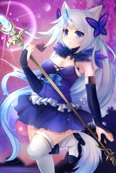 Rule 34 | 1girl, 2014, animal ears, bad id, bad pixiv id, blue dress, blue eyes, breasts, bridal gauntlets, butterfly hair ornament, cleavage, dated, detached sleeves, dress, eyebrows, felicia-val, hair ornament, highres, holding, horns, jewelry, leg up, long hair, original, ring, signature, silver hair, single horn, solo, staff, strapless, strapless dress, tail, thighhighs, white thighhighs
