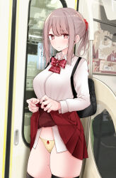 Rule 34 | 1girl, backpack, bag, black bag, black thighhighs, blush, bow, bowtie, breasts, brown eyes, closed mouth, clothes lift, collared shirt, commentary request, cowboy shot, embarrassed, grey hair, hair ornament, hair scrunchie, highres, large breasts, lifting own clothes, long sleeves, looking at viewer, mole, mole on thigh, mole under eye, oouso, original, panties, plaid, plaid bow, plaid bowtie, pleated skirt, ponytail, red bow, red bowtie, red scrunchie, red skirt, scrunchie, shirt, skindentation, skirt, skirt lift, solo, thick thighs, thighhighs, thighs, train interior, underwear, white shirt, yellow panties