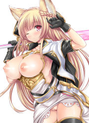 Rule 34 | 10s, 1girl, absurdres, akino hamo, animal ears, black gloves, black thighhighs, blonde hair, blush, bottomless, braid, breasts, breasts out, character request, erune, gloves, granblue fantasy, highres, large breasts, long hair, looking at viewer, nipples, one eye closed, open clothes, puffy nipples, pussy, red eyes, simple background, solo, thighhighs, uncensored, white background, yuisis (granblue fantasy)