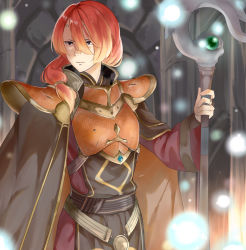 Rule 34 | armor, blonde hair, breastplate, brown cloak, cloak, commentary request, fire emblem, fire emblem echoes: shadows of valentia, hair between eyes, haru (nakajou-28), long sleeves, luthier (fire emblem), male focus, multicolored hair, nintendo, pauldrons, red hair, shoulder armor, solo, staff, two-tone hair