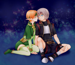 Rule 34 | 1boy, 1girl, armor, armored boots, black footwear, black gloves, black shirt, blue eyes, blush, boots, breastplate, brown hair, capelet, commentary request, couple, elf, fingerless gloves, gensou suikoden, gensou suikoden iv, gloves, green capelet, green eyes, green footwear, green shirt, green skirt, green thighhighs, ham pon, hetero, highres, imminent kiss, lazlo (gensou suikoden), long sleeves, looking at another, orange hair, paula (suikoden), pointy ears, shirt, short hair, short sleeves, sitting, skirt, steel-toe boots, thighhighs