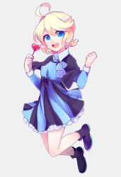 Rule 34 | 1girl, absurdres, ahoge, bad id, bad pixiv id, black footwear, blonde hair, blue dress, blue eyes, boots, candy, clenched hand, dress, eyebrows hidden by hair, food, full body, grey background, hair between eyes, highres, kisaragi yuu (fallen sky), lollipop, open mouth, original, smile, solo, transparent background