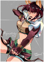 Rule 34 | 1girl, animal ears, arrow (projectile), blunt bangs, border, bow (weapon), breasts, brown eyes, brown gloves, brown hair, brown shirt, brown shorts, brown skirt, cat ears, character name, commentary request, copyright name, cowboy shot, crop top, dated, drawing bow, elbow gloves, fingerless gloves, gloves, grey background, holding, holding bow (weapon), holding weapon, hunter (ragnarok online), jacket, large breasts, looking at viewer, midriff, miniskirt, navel, open mouth, otsuki (tm3n), ragnarok online, shirt, short hair, short shorts, short sleeves, shorts, shorts under skirt, signature, simple background, skirt, solo, weapon, white border, white jacket, wristband