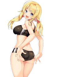 Rule 34 | 1girl, :d, absurdres, adjusting buruma, adjusting clothes, ahoge, ass, bare arms, bare shoulders, blonde hair, blue eyes, breasts, buruma, butt crack, commentary request, cowboy shot, fingernails, from behind, hachimiya meguru, hair ornament, hairclip, highres, idolmaster, idolmaster shiny colors, inuzumi masaki, large breasts, long hair, looking at viewer, looking back, low twintails, open mouth, shiny skin, simple background, sleeveless, smile, solo, sports bikini, standing, star (symbol), star hair ornament, thighs, track uniform, twintails, white background