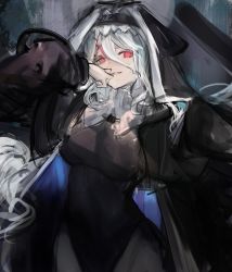 Rule 34 | 1girl, arknights, black capelet, black dress, black headwear, capelet, cloak, commentary, dress, english commentary, gnai, habit, hair between eyes, hand up, highres, jewelry, long hair, looking at viewer, necklace, nun, parted lips, red eyes, ribbed sweater, silver hair, sketch, smile, solo, specter (arknights), sweater, upper body, white sweater