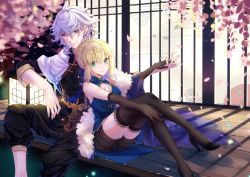 Rule 34 | 1boy, 1girl, ahoge, alternate costume, artoria pendragon (all), artoria pendragon (fate), black footwear, black gloves, black pants, black shorts, black thighhighs, blonde hair, blurry, blurry foreground, braid, braided bun, cherry blossoms, chinese clothes, closed mouth, crossed legs, elbow gloves, fate/grand order, fate (series), gloves, green eyes, hair between eyes, hair bun, high heels, highres, holding hands, kotatsu kaya, looking at viewer, merlin (fate), outdoors, pants, pumps, saber (fate), short hair, short shorts, shorts, silver hair, sitting, smile, thighhighs