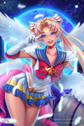 Rule 34 | 1girl, angel wings, artist name, bent over, bishoujo senshi sailor moon, blonde hair, blue eyes, blue sailor collar, brooch, choker, chromatic aberration, collarbone, covered navel, crescent, crescent facial mark, double bun, elbow gloves, facial mark, feathers, forehead mark, gloves, hair bun, hair ornament, heart, heart brooch, highres, jewelry, long hair, looking at viewer, miniskirt, motion blur, multicolored clothes, multicolored skirt, pleated skirt, prywinko, ribbon, sailor collar, sailor moon, skirt, sky, smile, solo, star (sky), starry sky, super sailor moon, tsukino usagi, twintails, v, very long hair, watermark, web address, white gloves, wings