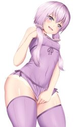Rule 34 | 1girl, :d, bare arms, bare shoulders, blush, breasts, clothes pull, covered erect nipples, covered navel, cowboy shot, dress, dress pull, furrowed brow, hair between eyes, hatimiz, highres, long hair, low twintails, microdress, open mouth, pulled by self, purple dress, purple eyes, purple hair, purple ribbon, purple theme, purple thighhighs, ribbon, short hair with long locks, small breasts, smile, solo, thighhighs, thighs, twintails, vocaloid, voiceroid, yuzuki yukari