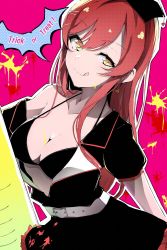 Rule 34 | 1girl, bad id, bad twitter id, bra, breasts, cleavage, collarbone, halloween, halloween costume, highres, idolmaster, idolmaster shiny colors, licking lips, long hair, looking at viewer, medium breasts, osaki amana, red hair, solo, tongue, tongue out, underwear, yellow eyes