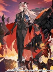 1girl aegir_(azur_lane) ariko azur_lane bare_shoulders black_footwear black_gloves bodystocking breasts closed_mouth floating_hair full_body gloves grey_hair highres horns large_breasts long_hair long_sleeves looking_ahead multicolored_hair official_art smile solo standing streaked_hair very_long_hair