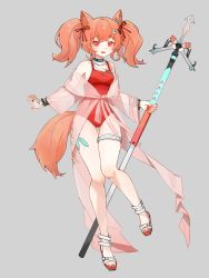Rule 34 | 1girl, angelina (arknights), angelina (summer flower) (arknights), animal ears, arknights, black collar, bracelet, breasts, brown hair, collar, earpiece, fox ears, fox girl, full body, grey background, hair ornament, hair ribbon, hairclip, highres, holding, holding staff, infection monitor (arknights), jewelry, long hair, looking at viewer, m58-on-the-way, material growth, necklace, official alternate costume, one-piece swimsuit, oripathy lesion (arknights), parted lips, red eyes, red one-piece swimsuit, red ribbon, ribbon, ring, sandals, simple background, small breasts, solo, spaghetti strap, staff, standing, swimsuit, twintails, white footwear