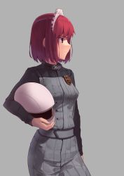 Rule 34 | 1girl, absurdres, blue eyes, boa (brianoa), bodysuit, closed mouth, cowboy shot, grey background, helmet, highres, hisui (tsukihime), holding, holding helmet, long sleeves, maid headdress, profile, red hair, short hair, simple background, solo, standing, tsukihime