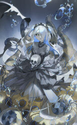 Rule 34 | 1girl, absurdres, black sclera, blue-ringed octopus, blue hair, breasts, breasts apart, collarbone, colored sclera, dress, frilled dress, frills, grey dress, highres, holding, holding skull, kyo mizusawa, long hair, looking at viewer, monster girl, multicolored hair, original, pale skin, pointy ears, scylla, skull, small breasts, solo, speech bubble, suction cups, tears, tentacles, two-tone hair, white hair, yellow eyes