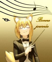 Rule 34 | 1girl, alternate costume, animal ear fluff, animal ears, conductor baton, black bow, black bowtie, blazer, blonde hair, bow, bowtie, closed eyes, closed mouth, collared shirt, commentary request, conductor, cookie (touhou), flat chest, formal, fox ears, fox girl, fox tail, french text, highres, jacket, medium hair, miramikaru riran, musical note, satodesu cookie, shirt, sidelocks, smile, solo, staff (music), suit, tail, upper body, white shirt