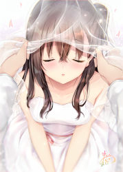 Rule 34 | 1boy, 1girl, bare arms, bare shoulders, blurry, blurry foreground, blush, breasts, bridal veil, brown hair, closed eyes, collarbone, commentary request, depth of field, dress, facing viewer, fingernails, from above, hair between eyes, highres, incoming kiss, long hair, long sleeves, maruma (maruma gic), medium breasts, nose blush, original, parted lips, petals, pov, pov hands, see-through, signature, strapless, strapless dress, veil, wedding dress, white dress