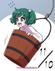 Rule 34 | 1girl, bucket, commentary request, dated, flying sweatdrops, green eyes, green hair, hair bobbles, hair ornament, in bucket, in container, itani illust, japanese clothes, kimono, kisume, open mouth, solo, touhou, two side up, white kimono, wooden bucket