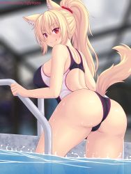 Rule 34 | 1girl, :3, :p, animal ear fluff, animal ears, ass, blonde hair, blurry, blurry background, blush, breasts, cat ears, cat tail, commentary, competition swimsuit, english commentary, from behind, highres, large breasts, long hair, looking at viewer, looking back, nottytiffy, one-piece swimsuit, original, ponytail, pool ladder, slit pupils, solo, swimsuit, tail, tiffy (nottytiffy), tongue, tongue out, water, watermark, web address, wet