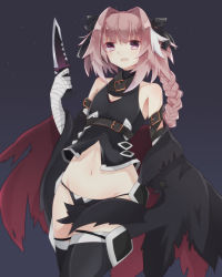 Rule 34 | 1boy, :d, arm belt, astolfo (fate), bandaged arm, bandaged hand, bandages, bare shoulders, black bow, black choker, black panties, black shirt, black thighhighs, blush, bow, braid, buckle, chieezuik, choker, cleavage cutout, clothing cutout, commentary request, cosplay, cowboy shot, crossdressing, dagger, dot nose, fang, fate/apocrypha, fate (series), hair bow, hair intakes, hand up, holding, holding dagger, holding knife, holding weapon, jack the ripper (fate/apocrypha), jack the ripper (fate/apocrypha) (cosplay), knife, long hair, looking at viewer, lowleg, lowleg panties, male focus, multicolored hair, navel, night, night sky, open mouth, panties, pink hair, purple eyes, shirt, single braid, sky, sleeveless, sleeveless shirt, smile, solo, star (sky), starry sky, stomach, streaked hair, thighhighs, torn clothes, trap, turtleneck, two-tone hair, underwear, v-shaped eyebrows, walking, weapon, white hair