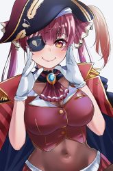 Rule 34 | 1girl, ascot, bicorne, blush, bodystocking, breasts, brooch, cleavage, coat, coat on shoulders, covered navel, cropped vest, epaulettes, eyepatch, glint, gloves, hands up, hat, hat feather, highres, hololive, houshou marine, igarashi kyouhei, jewelry, large breasts, looking at viewer, multicolored eyes, one eye covered, pirate hat, plume, red ascot, red eyes, red hair, red vest, see-through, see-through cleavage, simple background, smile, solo, twintails, upper body, vest, virtual youtuber, white background, white gloves, yellow eyes