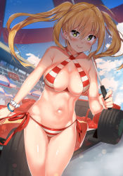 Rule 34 | 1girl, ahoge, bad id, bad pixiv id, bikini, blonde hair, breasts, car, cleavage, commentary request, day, fate/grand order, fate (series), green eyes, hair intakes, halterneck, highres, kawai (purplrpouni), large breasts, long hair, looking at viewer, motor vehicle, navel, nero claudius (fate), nero claudius (fate) (all), nero claudius (swimsuit caster) (fate), outdoors, race queen, race vehicle, racecar, side-tie bikini bottom, smile, solo, striped bikini, striped clothes, swimsuit, twintails, umbrella, vehicle