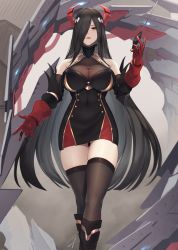 Rule 34 | 1girl, azur lane, bare shoulders, conductor baton, black dress, black hair, black thighhighs, breasts, cleavage, dress, friedrich der grosse (azur lane), gloves, gluteal fold, hair over one eye, hayabusa, highres, holding, horns, large breasts, long hair, looking at viewer, machinery, open mouth, red gloves, red horns, revision, rigging, see-through, short dress, signature, sleeveless, sleeveless dress, solo, thighhighs, very long hair, walking, yellow eyes