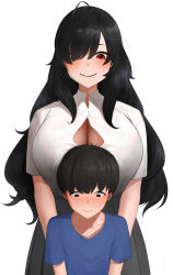 Rule 34 | 1boy, 1girl, age difference, black eyes, black hair, black skirt, blue shirt, breasts, bursting breasts, button gap, child, hair over one eye, highres, huge breasts, long hair, original, pleated skirt, red eyes, senju (snz0), shirt, short hair, short sleeves, simple background, skirt, undersized clothes, white background, white shirt