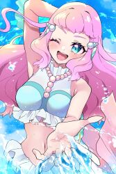 Rule 34 | 1girl, blue eyes, blush, breasts, day, fins, highres, laura la mer, long hair, looking at viewer, medium breasts, mermaid, midriff, mikorin, monster girl, navel, ocean, one eye closed, open mouth, pearl hair ornament, pink hair, precure, smile, solo, tropical-rouge! precure, water, water drop