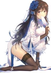 Rule 34 | 1girl, arm support, ass, black hair, blue ribbon, blush, breasts, bridal gauntlets, brown eyes, brown gloves, brown thighhighs, china dress, chinese clothes, covered mouth, dress, flower, garter straps, girls&#039; frontline, gloves, hair between eyes, hair flower, hair ornament, hairband, hand fan, high heels, holding, holding fan, katee, kneeling, lace, lace-trimmed legwear, lace trim, large breasts, leaning forward, leg ribbon, long hair, looking at viewer, messy hair, mole, mole under eye, official alternate costume, panties, paper fan, pelvic curtain, pumps, ribbon, side-tie panties, sidelocks, simple background, solo, thighhighs, thighs, type 95 (girls&#039; frontline), type 95 (narcissus) (girls&#039; frontline), uchiwa, underwear, very long hair, white background, white footwear, white panties, white ribbon, wide sleeves, wrist ribbon