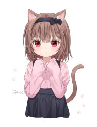 Rule 34 | 1girl, aged down, animal ear fluff, animal ears, anz32, black bow, black hairband, black skirt, bow, brown hair, cat ears, cat girl, cat tail, closed mouth, commentary request, female focus, hair bow, hairband, hands up, long sleeves, looking at viewer, nina (anz32), original, paw print, paw print background, pink shirt, red eyes, shirt, simple background, skirt, sleeves past fingers, sleeves past wrists, solo, suspender skirt, suspenders, tail, twitter username, white background