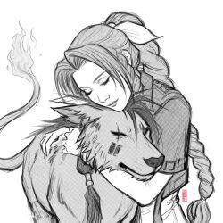 Rule 34 | 1boy, 1girl, aerith gainsborough, animal, animal ear piercing, braid, braided ponytail, closed eyes, closed mouth, commentary, cropped jacket, english commentary, final fantasy, final fantasy vii, flame-tipped tail, hair ribbon, hug, jen bartel, monochrome, parted bangs, red xiii, ribbon, screentones, sidelocks, simple background, sketch, upper body, white background