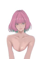 Rule 34 | 1girl, absurdres, ahoge, aoba456, aqua hair, bare shoulders, blending, bob cut, breasts, cleavage, collarbone, cropped torso, highres, idolmaster, idolmaster cinderella girls, large breasts, light smile, looking at viewer, multicolored hair, parted lips, pink hair, simple background, solo, two-tone hair, white background, yumemi riamu