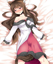 Rule 34 | 1girl, animal ears, bad id, bad pixiv id, breasts, brooch, brown hair, cleavage, dress, hammer (sunset beach), imaizumi kagerou, jewelry, long hair, long sleeves, lying, open mouth, pussy juice, red eyes, solo, sweat, tail, tears, touhou, werewolf, wet, wet clothes, wide sleeves, wolf ears, wolf tail