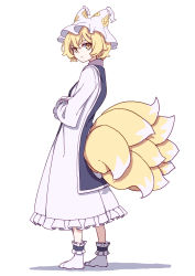 Rule 34 | 1girl, absurdres, animal ears, animal hat, blonde hair, dress, fox ears, fox tail, full body, hat, highres, kame (kamepan44231), long sleeves, mob cap, multiple tails, one-hour drawing challenge, short hair, simple background, solo, standing, tabard, tail, touhou, white background, white dress, white hat, yakumo ran, yellow eyes