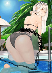 Rule 34 | 1girl, absurdres, ass, back, bare shoulders, bikini, black bikini, blue sky, breasts, carmilla (fate), carmilla (swimsuit rider) (fate), carmilla (swimsuit rider) (third ascension) (fate), curly hair, eyewear on head, fate/grand order, fate (series), gyamu (chewing-gum), highres, huge filesize, large breasts, long hair, looking at viewer, looking back, parted bangs, parted lips, poolside, sarong, sky, smile, sunglasses, swimsuit, thighs, wading, water, white hair