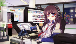 Rule 34 | 1girl, aircraft, airplane, azur lane, bespectacled, between breasts, bilibili, blue eyes, breasts, brown hair, building, cellphone, cola, commentary request, computer, drawing tablet, glasses, headphones, highres, holding, keyboard, long hair, long island (azur lane), looking at viewer, meta, monitor, necktie, necktie between breasts, office, phone, pixiv, poptepipic, skyscraper, smartphone, soda bottle, solo, stylus, table, tablet pc, tianyu jifeng