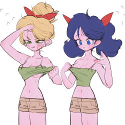 2girls absurdres blonde_hair blue_eyes blue_hair blush bow_hairband breasts brown_shorts cleavage clothes_lift collar_tug crop_top curly_hair dragon_ball dragon_ball_(classic) dual_persona fanning_self green_eyes green_tank_top hair_bun hairband highres hot lunch_(bad)_(dragon_ball) lunch_(dragon_ball) lunch_(good)_(dragon_ball) medium_breasts mnchki multiple_girls navel no_pupils parted_lips red_hairband shirt_lift short_shorts shorts single_hair_bun squinting sweat tank_top tongue tongue_out twintails underboob updo v-shaped_eyebrows wiping_forehead