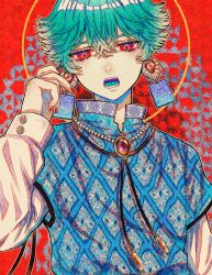 Rule 34 | 1boy, absurdres, akari botan, androgynous, aqua hair, aqua tongue, arm at side, bead necklace, beads, colored tips, earrings, fangs, gem, hair between eyes, halo, hand up, highres, jewelry, layered sleeves, long sleeves, looking at viewer, male focus, multicolored hair, nail polish, necklace, open mouth, original, red background, red eyes, red gemstone, red nails, short hair, short over long sleeves, short sleeves, solo, streaked hair, symbol-shaped pupils, upper body, white hair