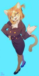 Rule 34 | 1girl, animal hands, ascot, black footwear, black jacket, black skirt, blonde hair, blue background, breasts, buttons, cat girl, cat tail, claws, commentary, fang, folded ponytail, full body, furry, furry female, glasses, hand on own hip, high heels, highres, hitoner, inuki (aruurara), jacket, looking at viewer, medium breasts, open hand, pencil skirt, round eyewear, shirt, signature, skirt, snout, tail, tonerico, whiskers, white ascot, white shirt, yellow eyes, yellow fur