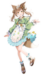 Rule 34 | :d, animal ear fluff, animal ears, apron, bow, brown eyes, brown footwear, brown hair, commentary request, double bun, fox ears, fox girl, fox tail, frilled apron, frilled socks, frills, full body, green kimono, hair bun, hand up, hazakura konoha, head tilt, highres, indie virtual youtuber, japanese clothes, kimono, long hair, long sleeves, looking at viewer, myusha, open mouth, puffy long sleeves, puffy sleeves, simple background, smile, socks, solo, standing, standing on one leg, striped clothes, striped kimono, tail, twintails, vertical-striped clothes, vertical-striped kimono, virtual youtuber, waist apron, white apron, white background, white bow, white socks