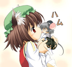 Rule 34 | 2girls, anger vein, angry, animal ears, biting, blush, brown hair, cat ears, cat girl, cat tail, cheese, chen, feet, female focus, food, grey hair, hat, jewelry, licking, mini person, minigirl, mouse ears, mouse tail, mousegirl, multiple girls, nazrin, pendant, profile, red eyes, seminoyu, short hair, size difference, socks, tail, tongue, touhou, yuri