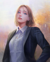 Rule 34 | 1girl, black jacket, blonde hair, blue eyes, collared shirt, commentary request, dated commentary, highres, jacket, jewelry, lipstick, long sleeves, looking at viewer, makeup, nababa, necklace, open clothes, open jacket, original, red lips, shirt, short hair, solo, upper body, white shirt, wind