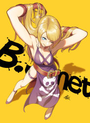 Rule 34 | 1girl, arms up, belt, blonde hair, blue eyes, breasts, character name, cleavage, dress, fatal fury, from above, garou: mark of the wolves, highres, jenet behrn, jolly roger, large breasts, long hair, one eye closed, purple dress, rog rockbe, snk, solo, the king of fighters, the king of fighters xv, thigh strap, yellow background