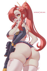 Rule 34 | 1girl, ;d, absurdres, ass, bikini, bikini top only, black gloves, breasts, curvy, elbow gloves, gloves, gun, hair ornament, high ponytail, highres, holding, holding gun, holding weapon, large breasts, looking at viewer, looking back, melowh, one eye closed, open mouth, red hair, rifle, scope, short shorts, shorts, sideboob, simple background, skindentation, skull hair ornament, smile, sniper rifle, solo, swimsuit, teeth, tengen toppa gurren lagann, thighhighs, thighs, upper teeth only, weapon, white background, yellow eyes, yoko littner