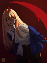 Rule 34 | 1girl, black necktie, black pants, blonde hair, blue cardigan, cardigan, chainsaw man, charmiisan, collared shirt, commentary, cowboy shot, english commentary, eyelashes, fangs, hair between eyes, holding, holding scythe, holding weapon, horns, long hair, looking at viewer, necktie, orange eyes, pants, power (chainsaw man), red background, red horns, scythe, shirt, shirt partially tucked in, solo, weapon