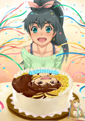 Rule 34 | 1girl, :d, birthday, black hair, blush, bow, cake, candle, confetti, earrings, fang, food, ganaha hibiki, green eyes, hair bow, hamster, hamuzou, happy birthday, idolmaster, idolmaster (classic), jewelry, mikel (4hands), open mouth, ponytail, smile