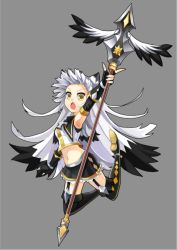 Rule 34 | 1girl, black hair, black thighhighs, character request, copyright request, eyebrows, holding, holding staff, looking at viewer, multicolored hair, navel, open mouth, qihai lunpo, silver hair, solo, staff, thighhighs, yellow eyes