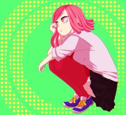 Rule 34 | 10s, 1girl, bad id, bad pixiv id, black skirt, boku no hero academia, closed mouth, crosshair, crosshair eyes, full body, green background, hand on own cheek, hand on own face, hatsume mei, long hair, miniskirt, nozaki (23xxyn), orange eyes, pink hair, pleated skirt, red thighhighs, shirt, shoes, short sleeves, skirt, sneakers, solo, squatting, symbol-shaped pupils, thighhighs, white shirt, zettai ryouiki